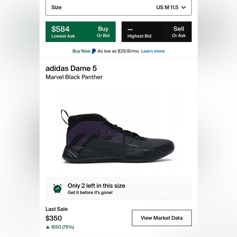 Men’s Adidas x MARVEL ‘Black Panther’ Dame 5 Size 11.5